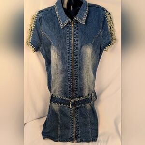 CJ Denim Mini Dress Full Zip Crochet Sleeves Belted Distressed
